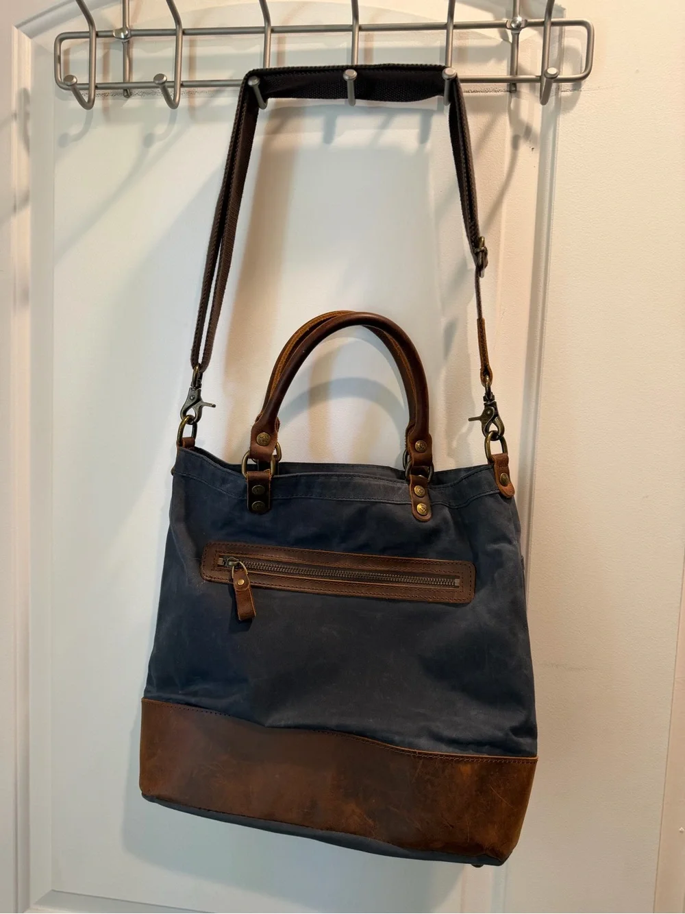 Della Q Makers Canvas Tote in Navy with Brown Leather Trim - Picture 2 of 4